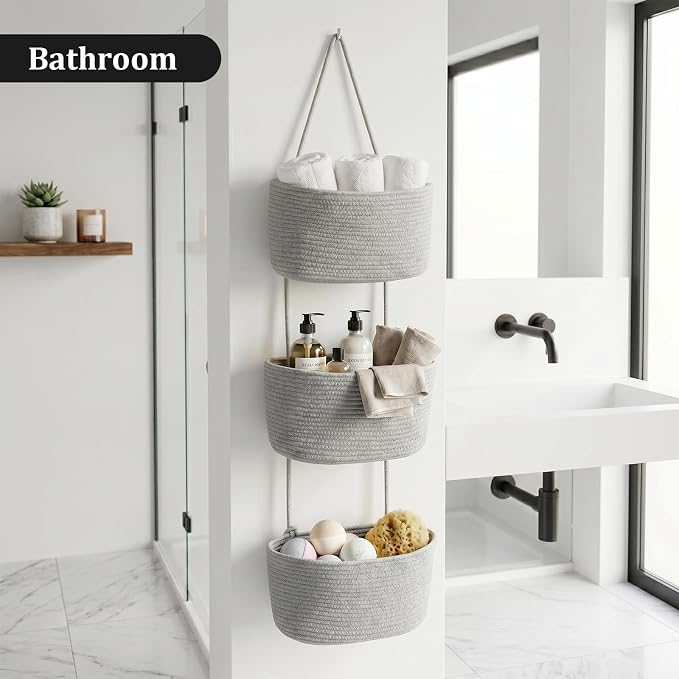 TeoKJ Over the Door Hanging Basket, 3-Tier Woven Cotton Wall-Mounted Storage Organizer Bag Decorative Hanging Nursery Baskets, Gray - Image 7