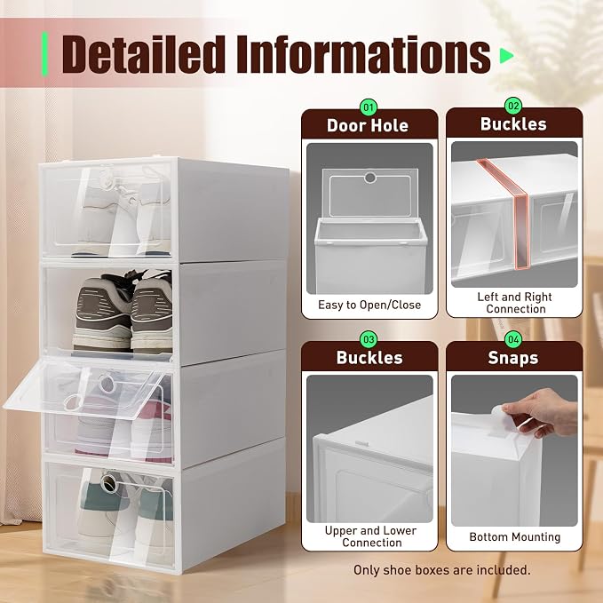 20/24 Pack Clear Clamshell Shoe Storage Boxes,Stackable Shoe Box Organizer,Up to Size 11/12,Need Assembly(20PCS A - Image 5