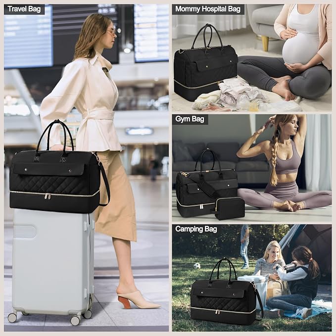 Weekender Bags for Women, Large Travel Duffel Bag with Shoe Compartment, Carry on Overnight Bag with Toiletry Makeup Bag, Gym Duffel Bag Travel Tote Bag for Travel Gym Camping Hospital, Black - Image 8