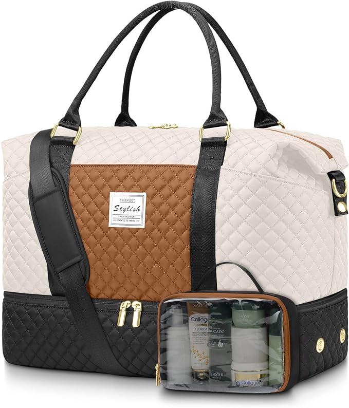 Travel Overnight Bag Weekender Bags - Duffle Bag Women with Shoe Compartment Carry on Tote Bag with Toiletry Bag Gym Duffel Bag with Wet Pocket Hospital Bags for Labor and Delivery Black White Brown by FIUAIE