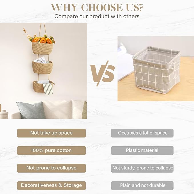 TeoKJ Over the Door Hanging Basket, 3-Tier Woven Cotton Wall-Mounted Storage Organizer Bag Decorative Hanging Nursery Baskets, Jute - Image 9