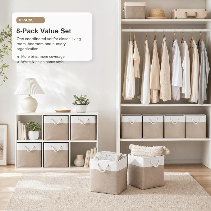 11x11 Inch Cube Storage Bins, 6 Pack Collapsible Fabric Storage Cubes with Rope Handles, Waterproof Foldable Storage Baskets for Cube Shelves, Closet, Clothes, Toys, Books, White & Beige - Image 9