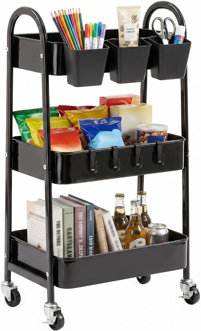 danpinera 3-Tier Rolling Cart, Utility Cart Mobile Metal Rolling Storage Cart with Lockable Wheels & Hanging Cups & Hooks for Kitchen, Bathroom, Office, Workshop, Black by danpinera