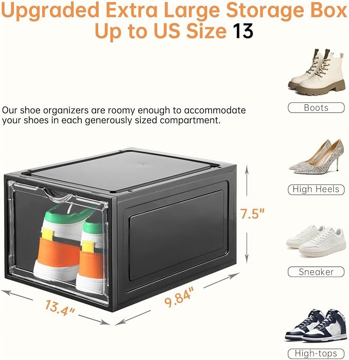 Clemate Upgraded X-Large Shoe Storage Box,12 Pack,Shoe Box Clear Plastic Stackable,Drop Front Shoe Box with Clear Door,Shoe Organizer Containers For Sneaker Display,Fit up to US Size12, Black - Image 4