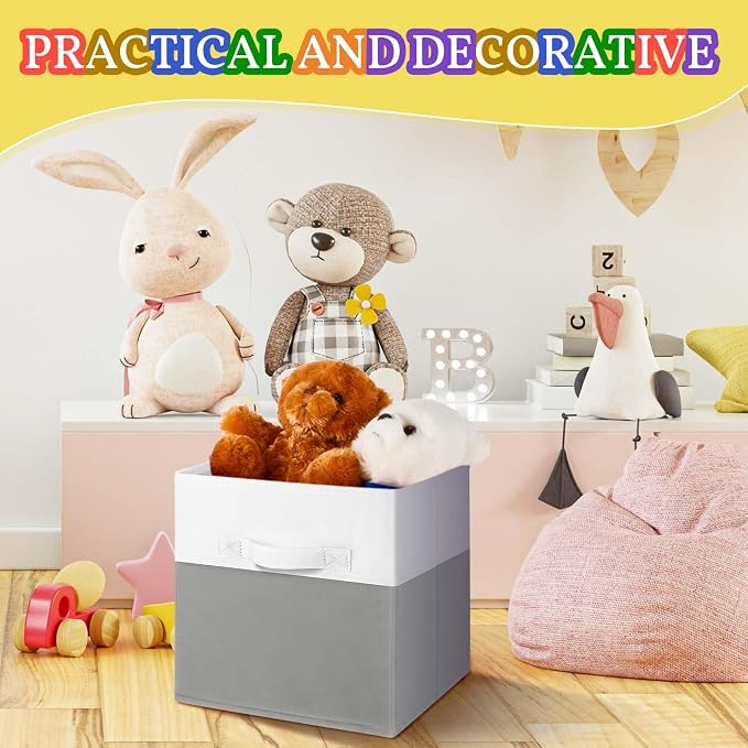 Yinder 6 Pcs Cube Storage Bin White Gray 10.5''x10.5''x11'' Storage Bins for Playroom Decor Colorful Bins for Kids Foldable Baskets for Nursery Organizer Boxes Fabric Boxes - Image 7