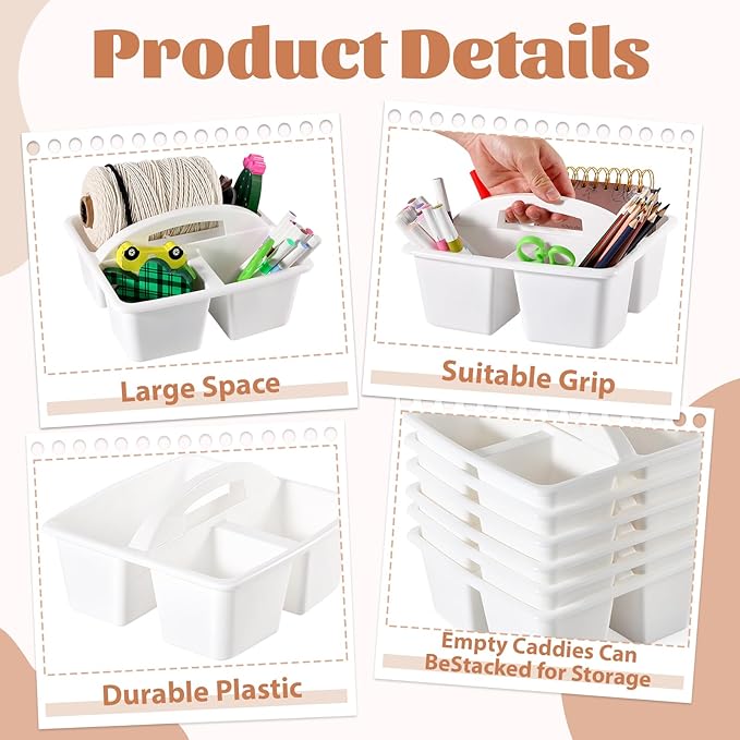 6 Pack Classroom Caddy with Handle Plastic Storage Caddy Organizer with 3 Compartments Desk Caddies Holder Portable Storage Bin for Pencil, Crayon, Marker, Home, Office, School Supplies(White) - Image 3