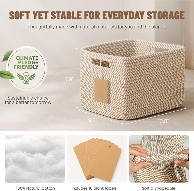 5 Pack Woven Storage Baskets, Decorative Storage Bins for Organizing | 13.8'' × 9.8'' × 7.9'', Cotton Rope Basket Organizer for Closet, Shelves, bathroom, Nursery, Toys, Books, Pantry, Khaki - Image 3
