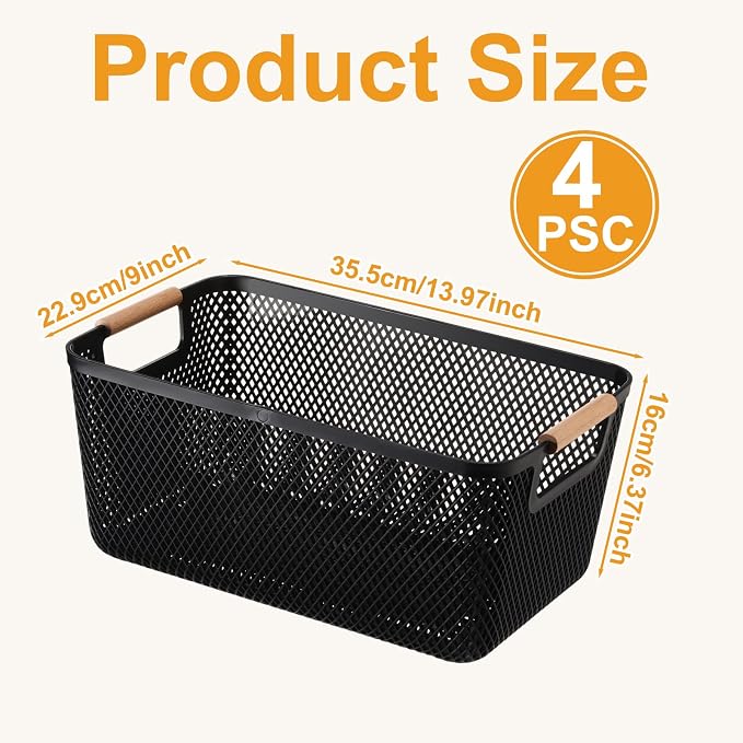 Tioncy 4 Pcs Plastic Mesh Baskets with Wood Handle Woven Mesh Storage Organizer Bins Multi-function Rectangle Baskets for Home Pantries Shelves Closet Kitchens Bedrooms(13.98 x 9.02 x 6.38 Inches) - Image 2