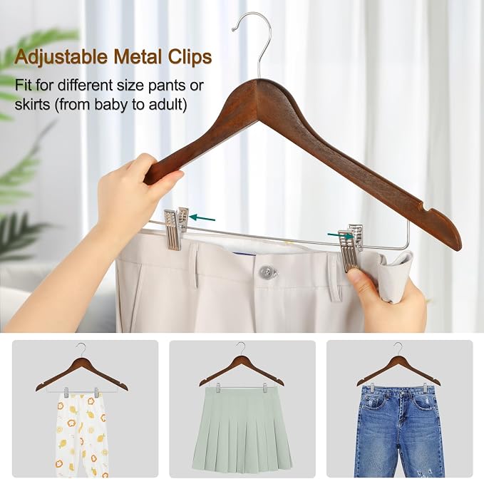 TOPIA HANGER Wooden Suit Hangers with Adjustable Metal Clips (20 Pack), Solid Wood Clothes Hangers, 360° Swivel Hook, Premium Retro Finish Pants Hangers for Clothes Coat, Jeans, Blouse-CT28A20 - Image 4