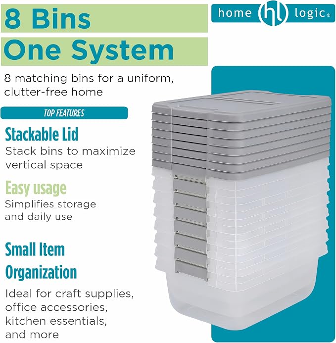 Home Logic 15 Qt Latched Storage Bin with Lid, Stackable Plastic Storage Container, Organizer for Home, Office & Classroom, 8 Pack, Gray - Image 6