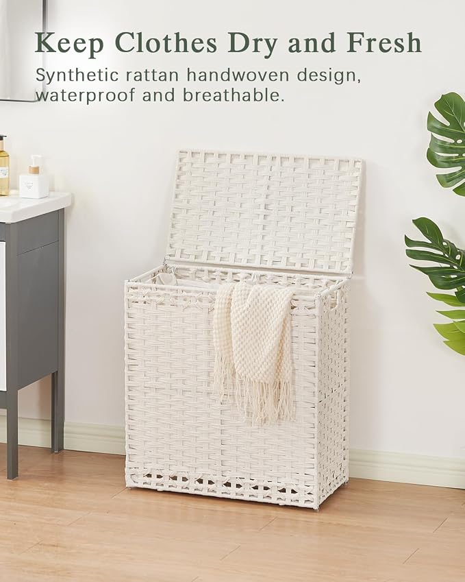 SETVSON Laundry Hamper with Lid Wicker Laundry Basket, White | Decorative Furniture Look for Bathroom & Bedroom, 3-Section Large Wicker Hamper, 3 Cloth Bags, 6 Mesh Bags Included - Image 2