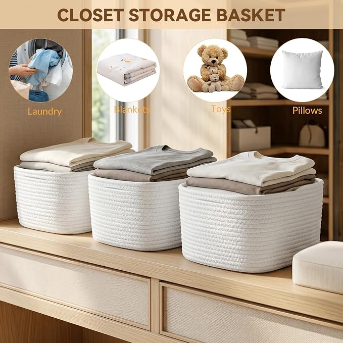 10 Pack Small Woven Baskets for Organizing, 12"x8"x5" White Cotton Rope Storage Bins with Handle, Empty Gift Basket Kit for Baby Shower, Nursery, Shelf, Bathroom & Closet Organizing - Image 7