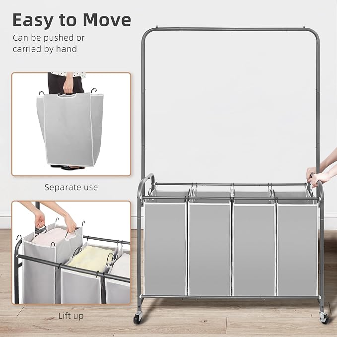 STORAGE MANIAC Laundry Sorter with Hanging Bar, Portable, Removable Laundry Hamper Cart with Heavy Duty Lockable Wheels and Removable Bags, Rolling Laundry Basket Organizer 181L, 4 Section Gray - Image 7