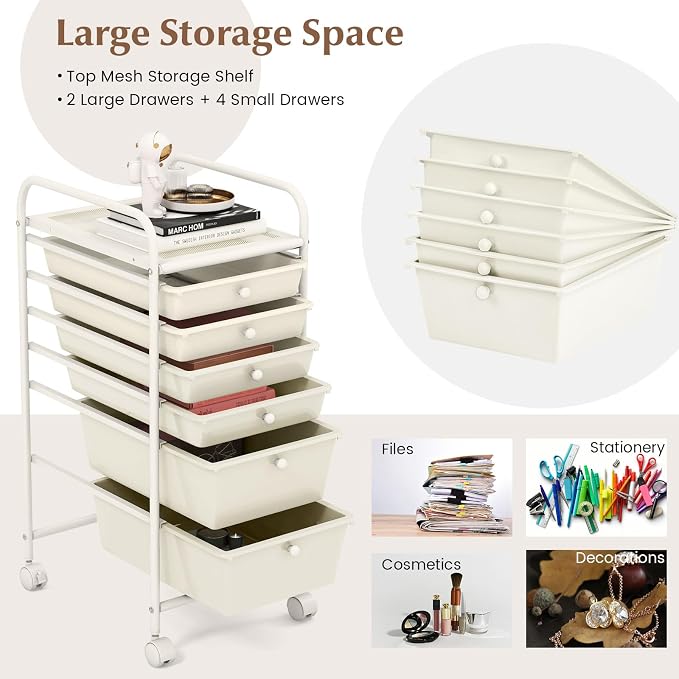 GOFLAME 6-Drawer Rolling Storage Cart, Multifunctional Art Supply Organizer Cart, Mobile Utility Storage Cart with Removable Drawers & Lockable Wheels, Craft Cart for Home Office, White - Image 5