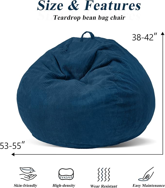 5FT Bean Bag Chair for Adults,Gaint Teardrop Beanbag with Filler | Beanbag Chair with Memory Foam Filled,Bean Bags with Handy Handle&Machine Washable Cover for Living Room,Bedroom-Dark Blue - Image 2