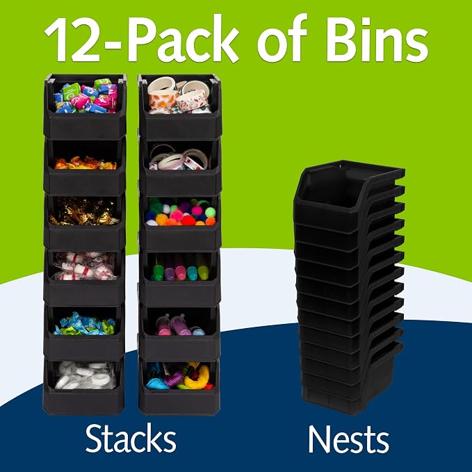 Extra-Small Stackable Plastic Storage Bins, 12-Pack, Black | Open-Front Stackable Bins For Garage, Pantry, Closet & Office, 5"L X 4"W X 3"H, Nests When Empty, Durable Plastic - Image 3
