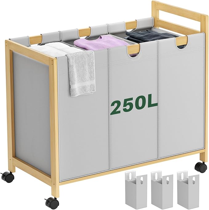 250L Laundry Sorter Cart with Wheels, 3-Section Rolling Laundry Basket with Removable Bags, 66 Gal Large Laundry Hamper Organizer, Heavy Duty Bamboo Frame, Water-Resistant, Grey by Homykic