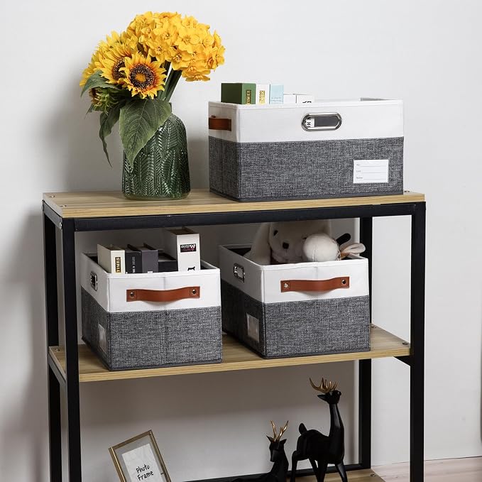 Foldable Storage Bins with Handles [3-Pack] Fabric Collapsible Storage Boxes Baskets Cubes Containers with Handles for Closet Living Room Bedroom (Grey & White 14.9x9.8x8.3'') - Image 2