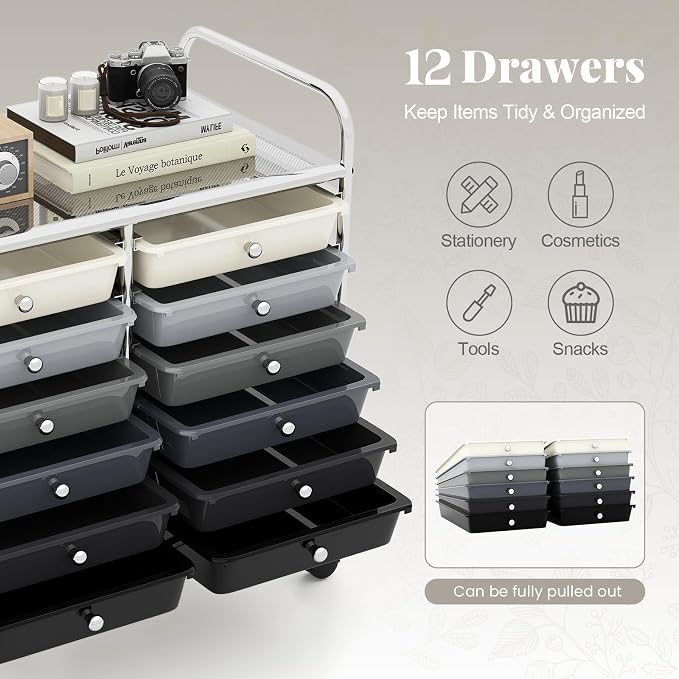 RELAX4LIFE 12-Drawer Rolling Storage Cart - Mobile Utility Cart on Wheels for School Classroom Teacher Office Salon, Paper File Art Supply Craft Organizer, Rolling Cart with Drawers (Gradient Black) - Image 4
