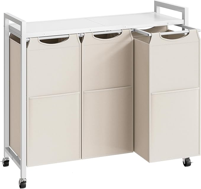 HOOBRO Laundry Sorter 3 Section, Laundry Hamper with Wheels, 3 × 11.5 Gal (43.4L), Rolling Laundry Basket, Pull-Out and Removable Oxford Fabric Bags, White WG76XY01 by HOOBRO