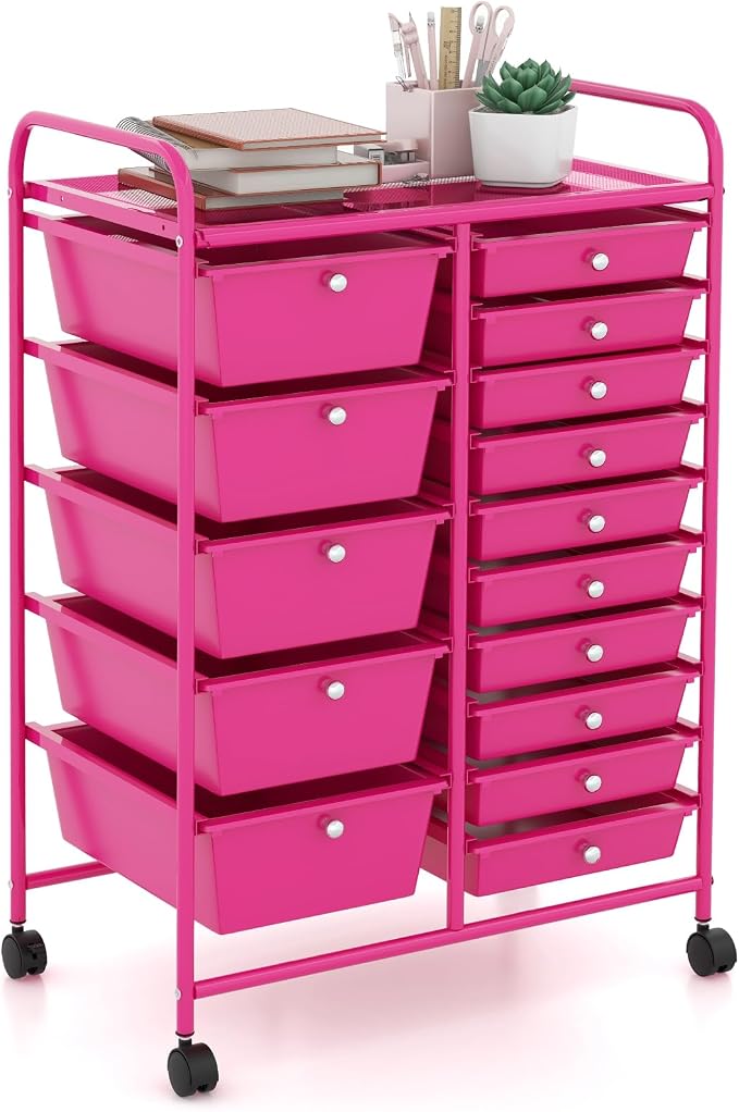 GOFLAME 15-Drawer Rolling Storage Cart, Craft Storage Cart with Removable Drawers & Lockable Wheels, Art Cart Supply Storage Organizer for Home Office Classroom, Hot Pink by GOFLAME