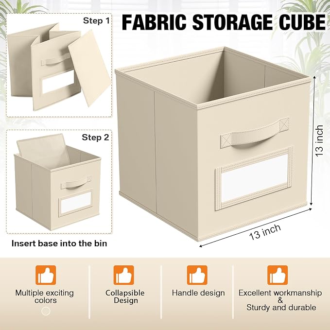 Teenyyou 10 Pack Fabric Storage Cubes 13 Inch Collapsible Cube Bins with Label Window & Handle Foldable Organizers Baskets for Shelf Closet Nursery Kids Room Clothes Book Toy(Beige) - Image 3