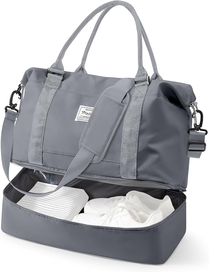 Travel Duffel Weekender Bag Women Tote Carry On Bags With Shoe Compartment | 18x14x8 inches Travel Overnight Bags with Trolley Sleeve for Airplanes Sport Tote Gym for Men Lightweight Daypack SlateGrey by VECAVE