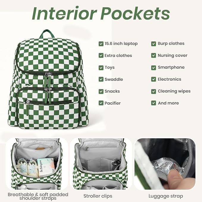 FHELAD Checkered Diaper Bag Backpack with Changing Pad & Stroller Clips | Baby Diaper Bag, Baby Shower Gifts, 4 Insulated Bottle Holders, Wet Wipe Pocket, Luggage Strap - Image 5