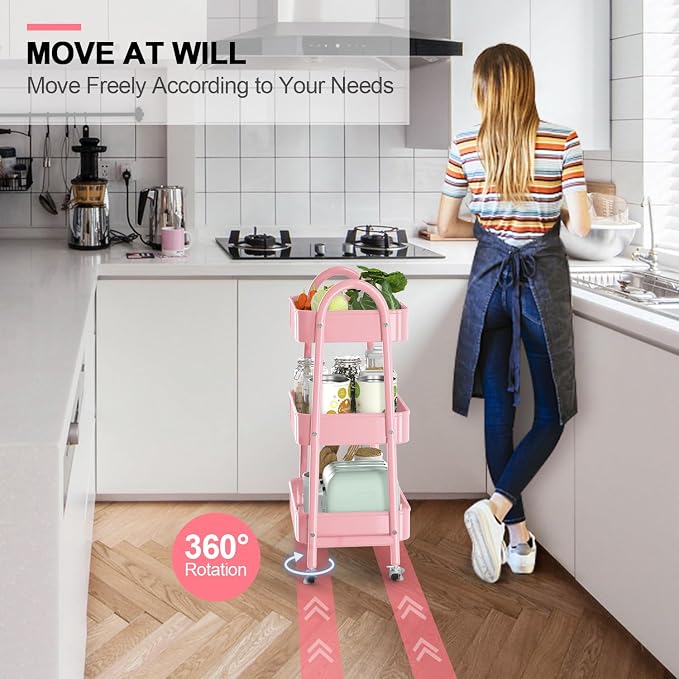 3 Tier Utility Rolling Cart, Metal Storage Cart with Handle and Lockable Wheels, Multifunctional Storage Organizer Trolley with Mesh Baskets for Kitchen, Living Room, Office, Garage (Pink) - Image 3