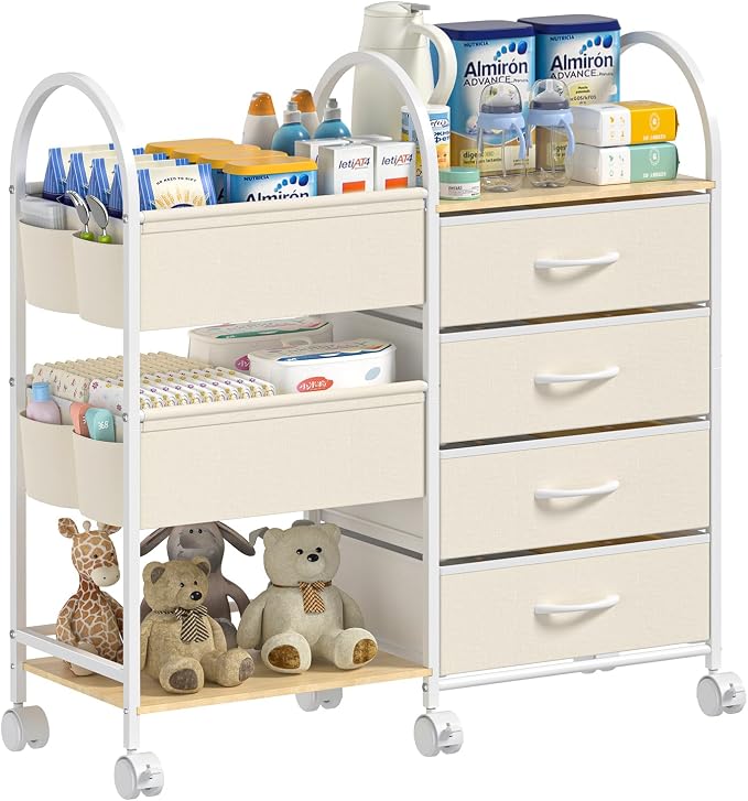 Baby Organizer and Storage Cart, 4-Tier Rolling Utility Cart with Wheels, Dividers and Drawers, Easy to Assemble for Nursery, Bedroom & Changing Table, White by Nylaira