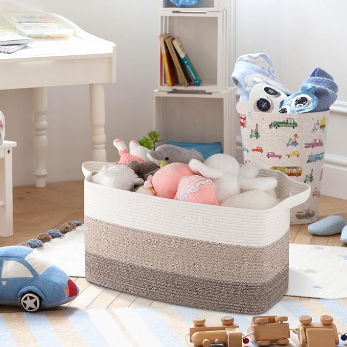 OIAHOMY Rectangle Woven Storage Basket - Nursery Cotton Rope Baskets for Storage, Toy Basket Organizing for Living Room, 17.7"x13.8"x11"- Pack of 3 - Gradient Yellow - Image 5