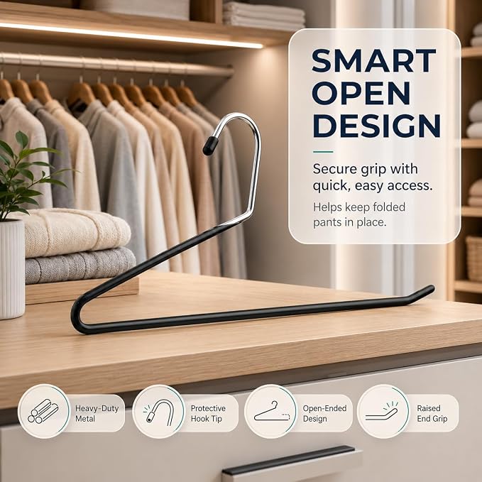 Pants Hangers 20 Pack Open-Ended Metal Pants Hangers Space Saving | Jeans Hangers with slim profile, metal pants hangers with non-slip coating, easy access for slacks, jeans, and trousers - Image 3