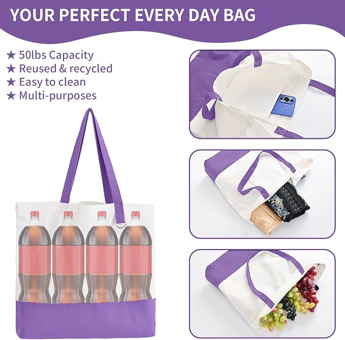 1 Pack Canvas Tote Bag with Zipper, Large Blank Grocery Tote, Purple | Reusable, washable, inner pocket, flat bottom, sturdy handle, for sublimation DIY/transfer, travel/beach/gift/Christmas craft - Image 4