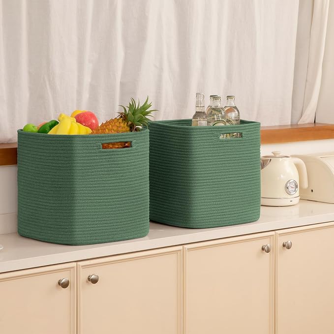 OIAHOMY 2 PACK Cube Storage Bin 13 Inch Collapsible Storage Cube Green | Cube Storage Organizer Storage Bins for Shelves Baskets for Organizing Woven Rope Storage Baskets - Image 6