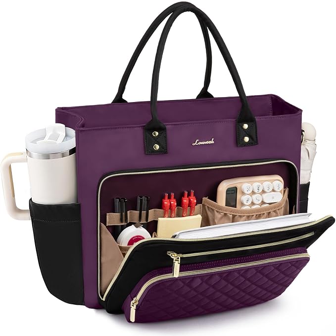 LOVEVOOK Teacher Tote Bag for Women Work, Laptop Bag Work Tote Bag Nurse Bags With Large Cup Holder, Professional Computer Briefcase Business Large Purses Handbag, Diaper Bag Mother Gift, Black-Purple by LOVEVOOK
