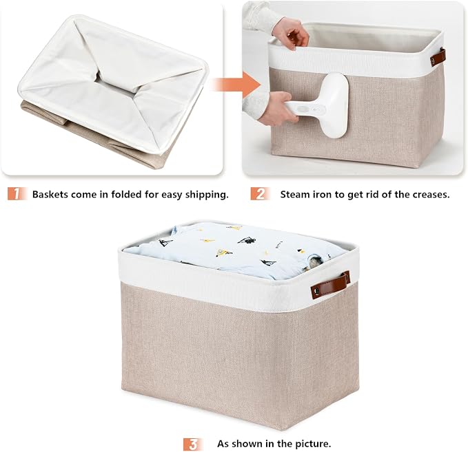 DULLEMELO Fabric Storage Bins, Lining Fabric Baskets For Gifts, Large Storage Baskets for Books Clothes Storage, Foldable Storage Basket for Office Home Shelves Closets Organizing(White&Khaki) - Image 7
