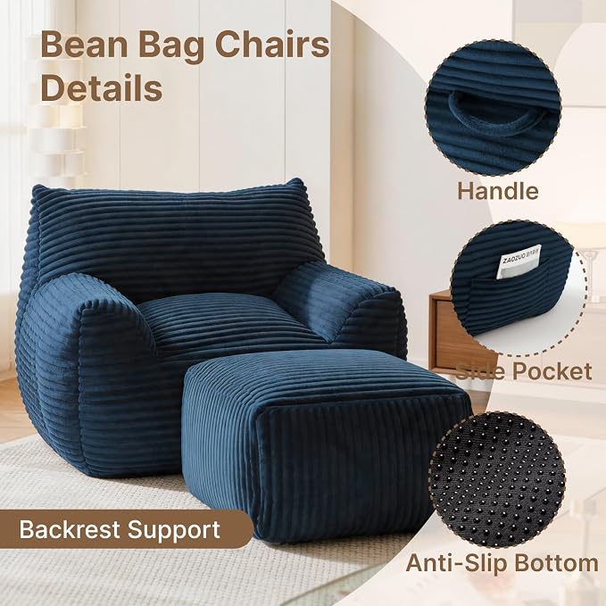 Oversized Bean Bag Chair with Ottoman, Bean Bag Couch with 2 Side Pockets, Corduroy Boneless Couch Chair in a Box, Comfy Lounge Chair for Living Room, Bedroom, Dorm, Blue - Image 3