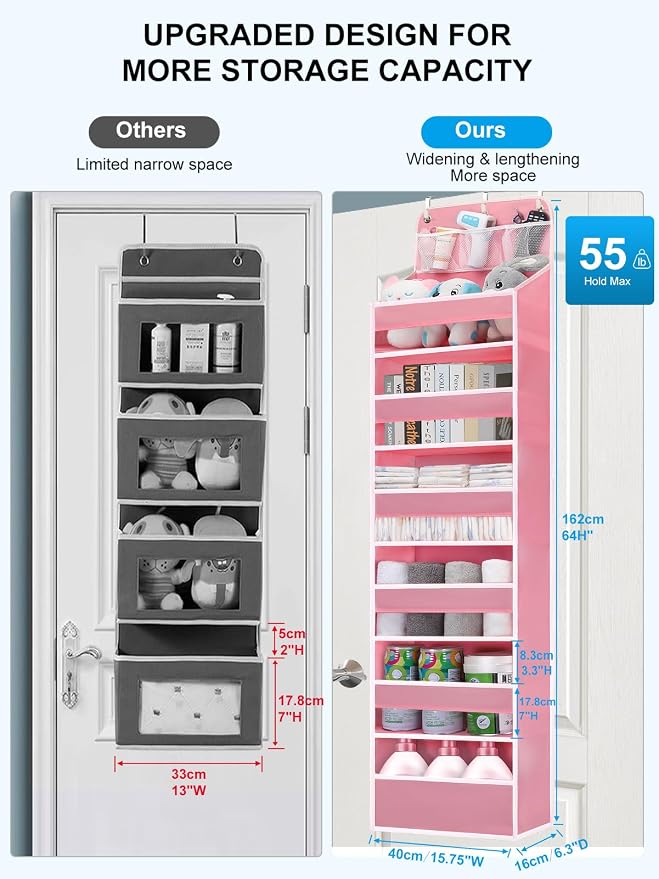 Over Door Hanging Organizer, No Tilt Baby Closet Organizer for Diaper Kids Toys, Hanging Organizer Storage for Newborn Essentials Nursery Bathroom (6 tier Pink) - Image 3