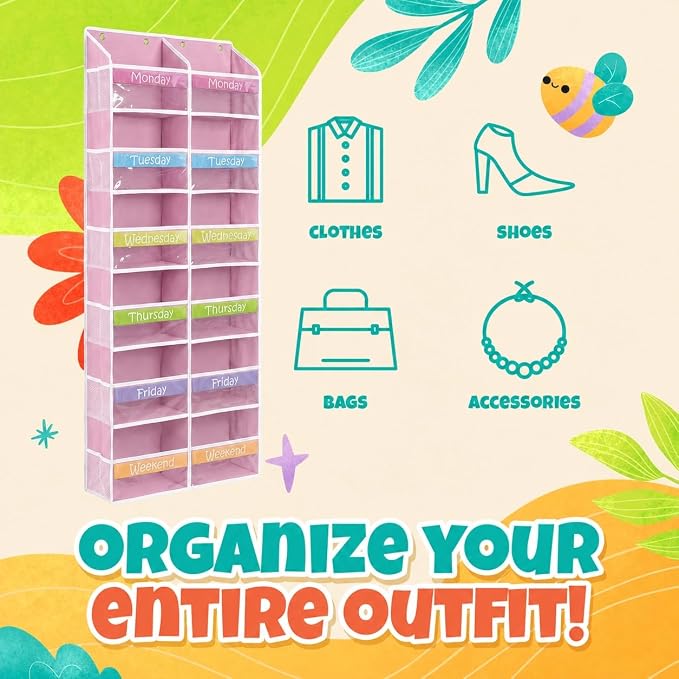 Housables Weekly Clothes Organizer for Kids, Kids Closet, 12 Shelf, Pink | Houseables Days of the Week Clothes Organizer, Daily Outfit Storage, Monday to Friday Clothing, Weekday, School, Door Hanging - Image 6