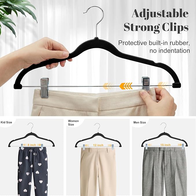 HOUSE DAY Velvet Skirt Hangers 36 Pack, Black Velvet Pant Hangers with Adjustable Clips, Space Saving Slim Shorts Hanger, Heavy Duty Non Slip Clip Hanger for Pants, Skirts, Shorts | with Adjustable Clips, Space Saving Slim Shorts Hanger, Heavy Duty Non... - Image 6