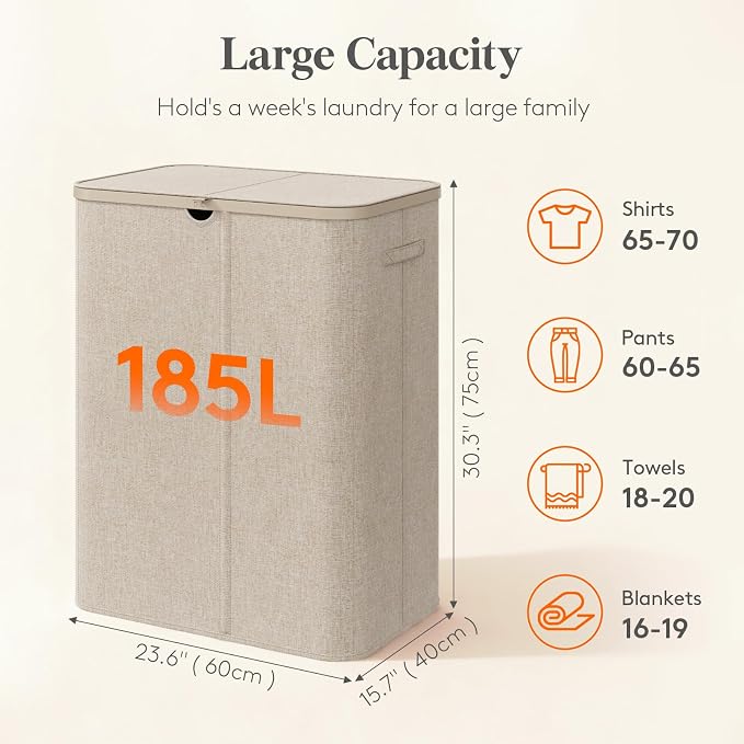 Lifewit 185L 3 Section Laundry Hamper with Lid, Laundry Basket, Beige | Large Foldable Laundry Sorter with 3 Removable Bags, Tall Clothes Hamper for Bedroom and Bathroom - Image 2