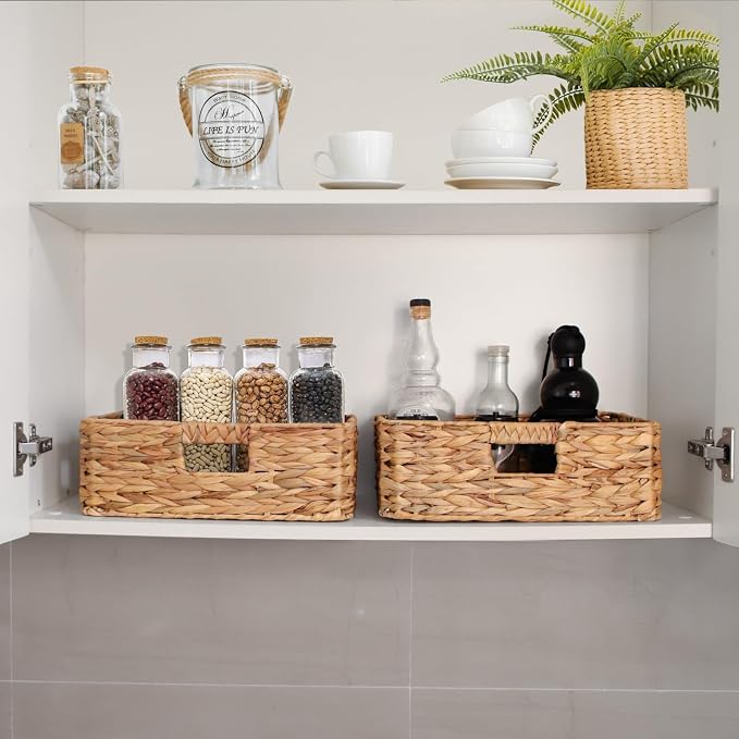 Rectangular Water Hyacinth Storage Baskets, Wicker Woven Shelves Baskets | Three-sided handle design,Handwoven from natural water hyacinth, For the living room, bedroom, storage room, and vanity - Image 4