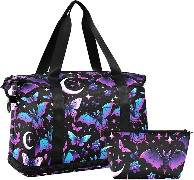 Travel Duffel Tote Bag Neon Purple and Bats Stars and Moons Sports Duffel Bag with Wet Pocket Weekender Overnight Bag for Women Men Gym Bag, Carry On Bag Hospital Bag for Labor and Delivery - Image 7