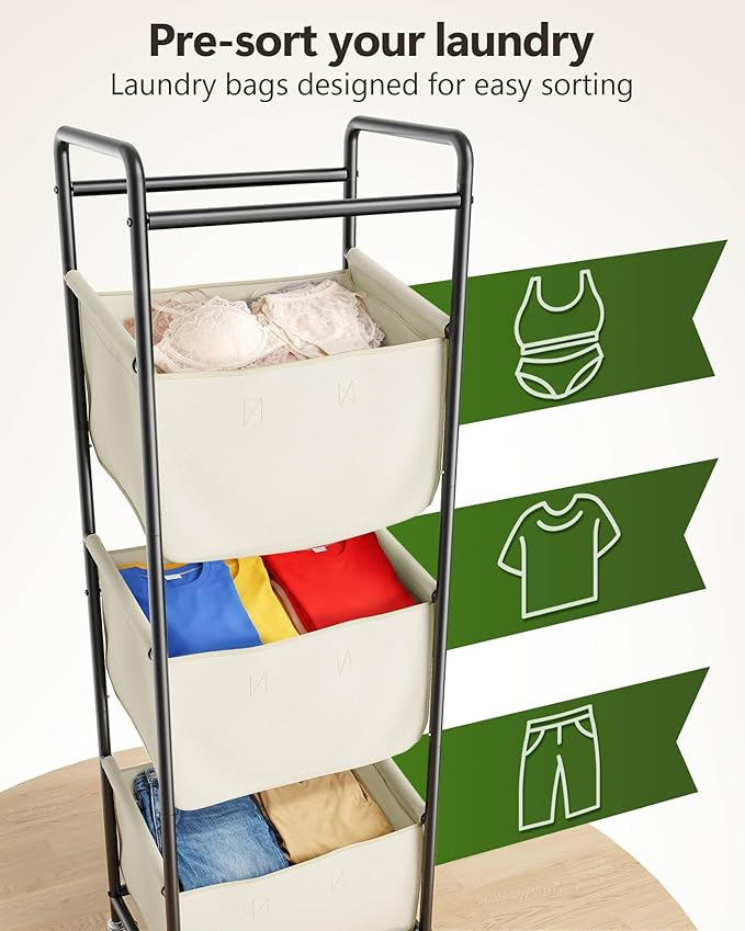 3 Section Laundry Sorter with Removable Bags, 120L Rolling Vertical Laundry Hamper, Stackable Laundry Baskets organizer for Bathroom, Apartment, Dorm (Beige, With Wheel) - Image 2