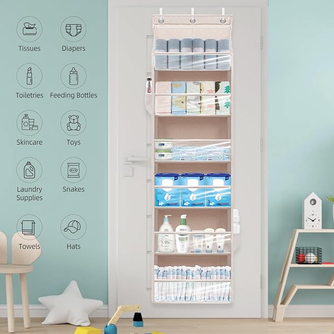 Over Door Organizer with 6 Extra Large Pockets and 12 Side Pockets, Large Capacity Hanging Storage Organizer with Clear Window for Shoes, Diapers, Beige, 6 Layers, 2-Pack - Image 6