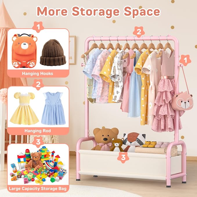 Kids Clothing Rack with Storage Shelf, Kids Dress Up Storage | for Coats, Small Baby Garment Rack for Hanging Clothes, Toddler Wardrobe Closet Organizer - Image 4