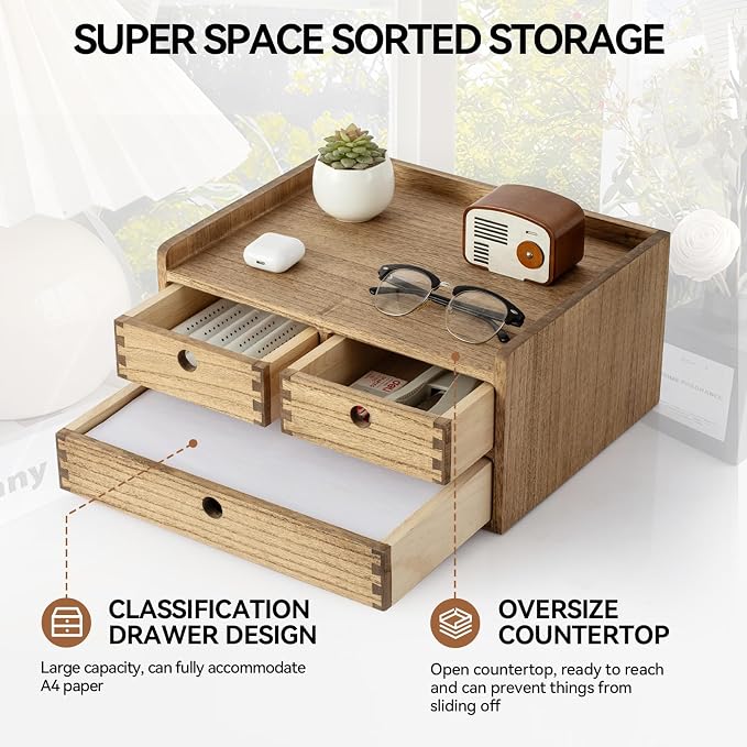 KIRIGEN Wooden Desk Organizer with 3 Drawers and Top Shelf Brown DT2D3C-DBR | 3-Drawer Cabinet with Top Shelf Stores Papers, Office Supplies, Cosmetics, Crafts, and Small Accessories on Desks or Counters - Image 4