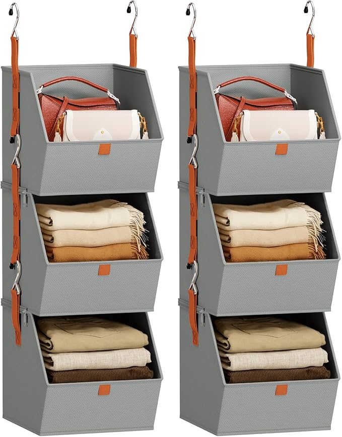 Collapsible Hanging Closet Organizer - 6 Tier Closet Shelves Storage System with Hooks, Fabric Hanging Storage Bins for Clothes, Foldable Storage Basket for Laundry, Bedroom, Rv, Grey by Homsorout