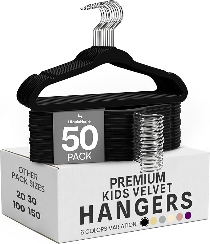 Utopia Home Kids Velvet Hanger 50 Pack – 11" Premium Baby Hangers - Black | Premium Non-Slip Baby Hangers for Baby and Toddlers, Durable Ultra-Slim Space-Saving Closet Organizers by UTOPIAHOME
