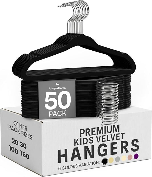 Utopia Home Kids Velvet Hanger 50 Pack – 11" Premium Baby Hangers - Black | Premium Non-Slip Baby Hangers for Baby and Toddlers, Durable Ultra-Slim Space-Saving Closet Organizers by UTOPIAHOME